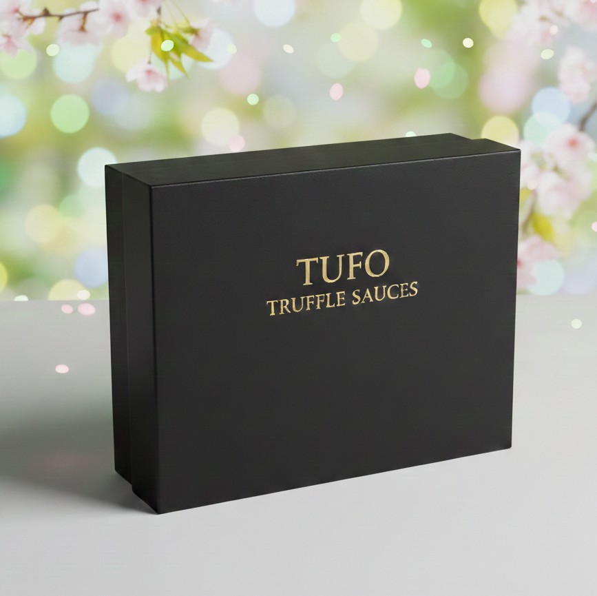 Black box with 'TUFO Truffle Sauces' text on a blurred floral background